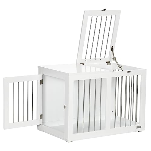 PawHut Hundekäfig für Zuhause, Hundehütte, Haustierkäfig für mittelgroße Hunde, Hundebox mit Türen, Hundehaus, Transportkäfig, Weiß, 80 x 50 x 56,5 cm