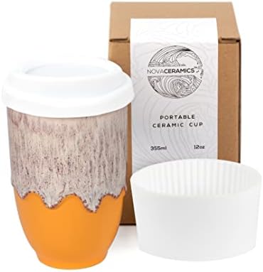 NOVA CERAMICS Reusable Coffee Cup, Ceramic Travel Mug with Lid, Portable Coffee Cup, Unique to Go Mug, Orange with Running White Glaze, 12oz, Grapefruit