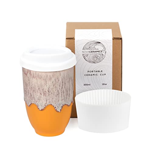Nova Ceramics Reusable Coffee Cup, Ceramic Travel Mug With Lid, Portable Coffee Cup, Unique To Go Mug, Orange With Running White Glaze, 12Oz, Grapefruit #TOP18