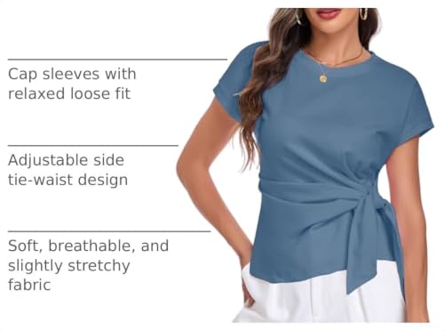 Image of HOTIAN Womens Cap Sleeve T Shirts 2026 Tie Waist Wrap Tops Crew Neck Blouses Dressy Casual Loose Work Business Dressy