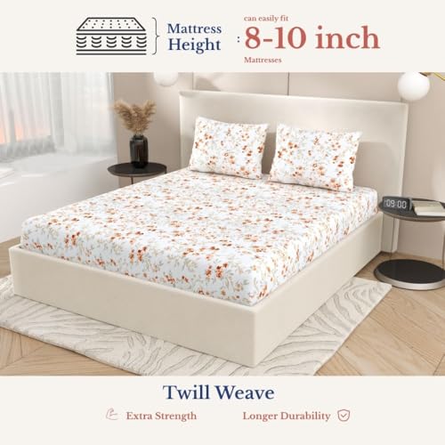 Image of Jaipur Weaves King Size Elastic Fitted Bedsheet, 100% Pure Cotton King Size Fitted Bedsheet for Double Bed with 2 Pillow Covers, 240 TC, 72x78 Inches up to 8-inch Mattress, Floral(Cherry Blossom)