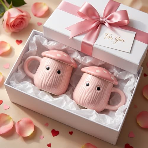 Image of Pink Mushroom Ceramic Mugs with Lid Set of 2 | 300ml Coffee Tea Cups Polka Dot | Microwave Dishwasher Safe | Valentine Couple Gift | Home Decor Kitchen Dining Handmade India
