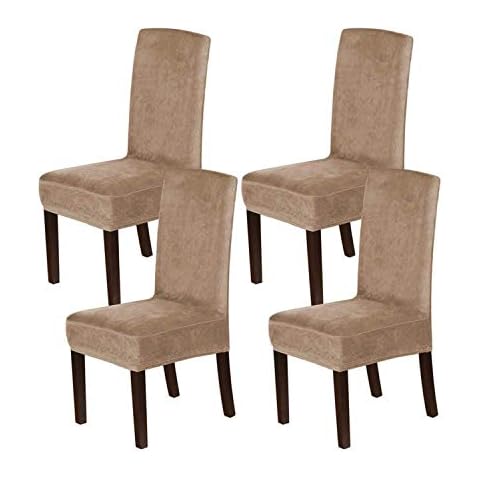 LINGKY Velvet Dining Chair Covers Stretch Chair Covers for Dining Room Parson Chair Slipcovers Chair Protectors Covers Dining, Soft Thick Solid Velvet Fabric Washable (Camel,Set of 4) Cover