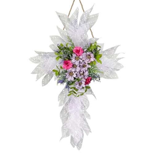 Dingion Spring Wreath for Front Door Cross Artificial Christian Wreath with Vibrant Rose for Spring Hope Decoration for Outdoor Indoor Front Door Porch Window Home(Purple Style)