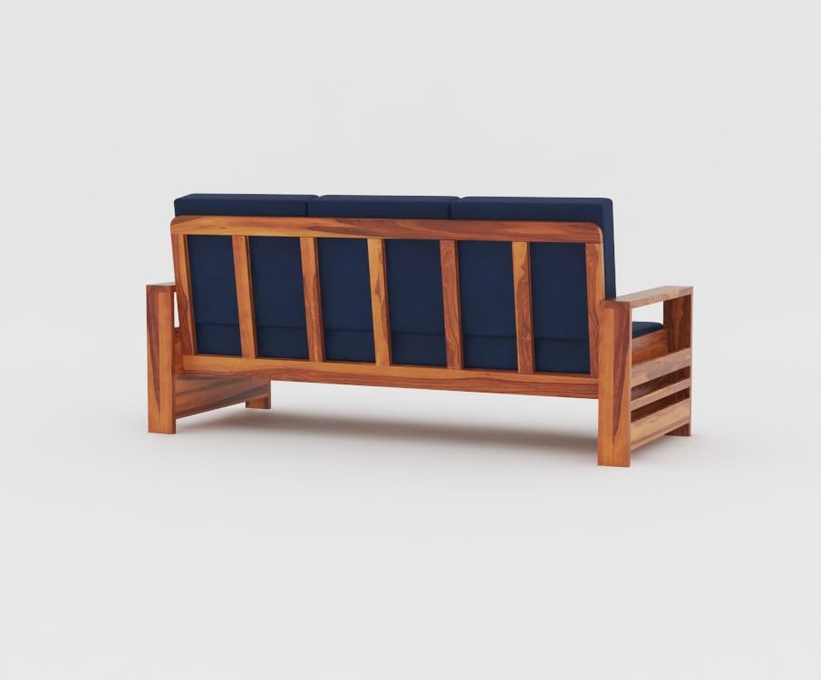 Image of Sheesham Wooden 6 Seater Sofa for Living Room | Rosewood 6 Seater Cushion Sofa with Side Rack | Solid Wood Sofa Set for Lounge (3+2+1,Honey Finish)