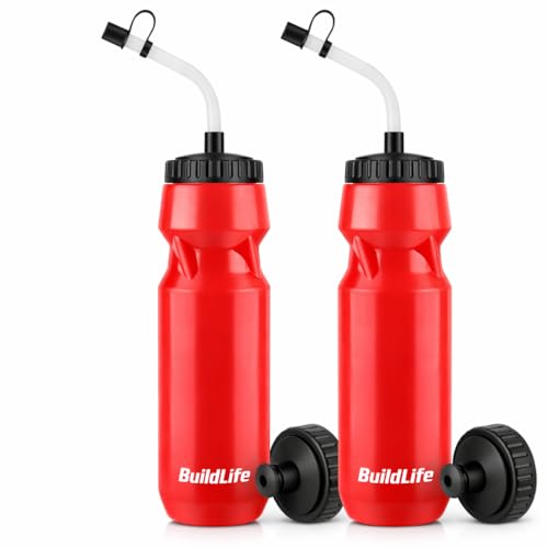 BuildLife 2 Pack Sports Water Bottle - Hockey Water Bottle with Long Straw and 2 lids (Straw and Squeeze) for Helmet Sports Hockey Lacrosse Football Boxing BPA Free Dishwash Safe (Red)