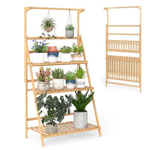 HAPPYGRILL Bamboo 3-Tier Hanging Plant Stand, Ladder Planter Display Shelf with Height Adjustable Hanger Rod, Folding Flower Pot Organizer Rack for Balcony, Window, Living Room