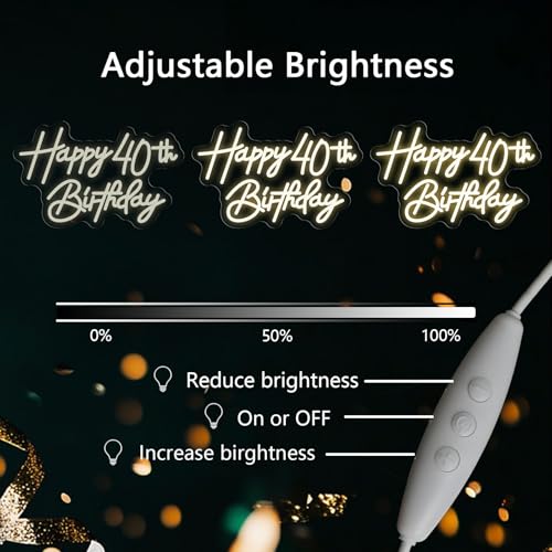Image of Happy 40th Birthday Neon Sign For Birthday Party16.5 inch*10.5 inch Neon Happy Birthday Led Neon Light For Party Backdrop Wall Decor With Dimmable Switch Birthday Light Up Sign Birthday Gift