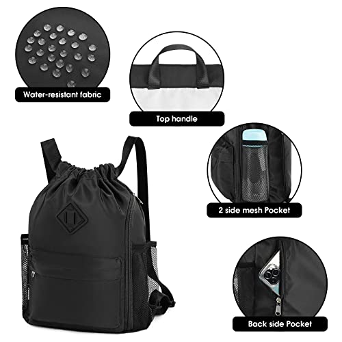 WANDF Drawstring Backpack Sports Gym Bag with Shoes Compartment, Water-Resistant String Backpack Cinch for Women Men (Black,Medium) - Image 4