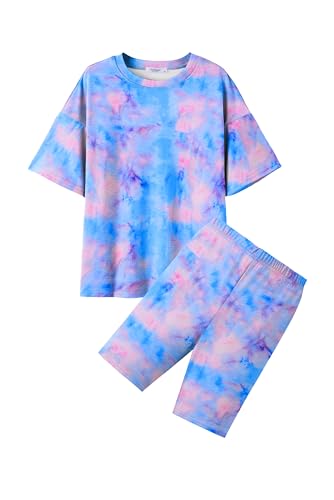 Image of Arshiner Clothing Sets for Girls Tie-Dye Shirt with Shorts Kids' Sporty Two-Piece Set Summer Fashionable Clothes 140/9-10 years