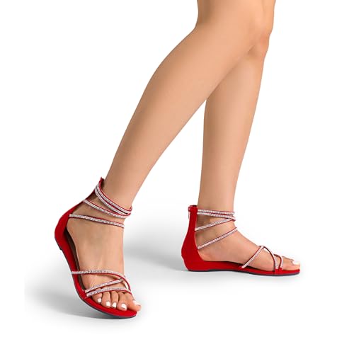 Image of DREAM PAIRS Women's Ankle Strap Flat Sandals Summer Dressy Strappy Gladiator Rhinestones Sandals