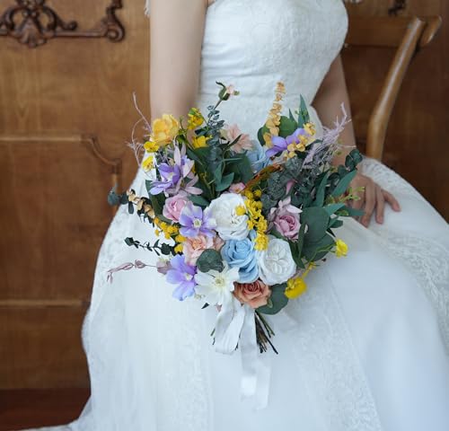 Ramo de boda Cosmos blanco y amarillo 12 pulg miniatura 4