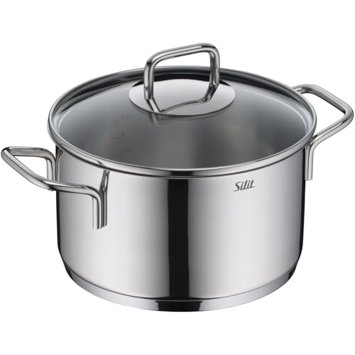 Silit Extra Cook, Kochtopf 20 cm mit Glasdeckel, Innenskalierung, breiter Schüttrand, hochwertiger spülmaschinenfester Crominox-Edelstahl, Bratentopf groß, optimale Wärmeverteilung, Induktion