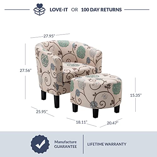 Belleze Accent Chair With Ottoman, Curved Back Living Room Chair, Stylish Barrel Club Chair And Footrest Set, Upholstered Round Tub Reading Chair For Bedroom - Lydia (Floral Beige/Linen) #TOP1