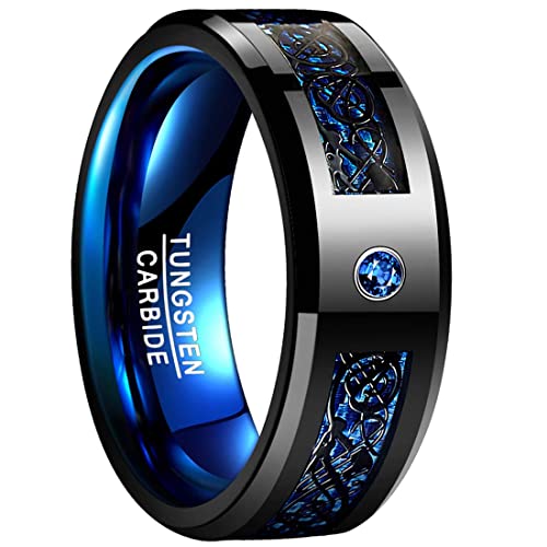 VAKKI 8mm Men's Black Celtic Dragon Tungsten Carbide Wedding Rings with Blue Carbon Fiber and CZ Inlay Size Z+6