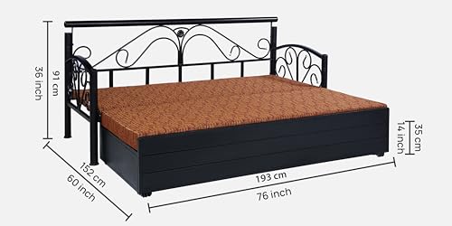 Image of Rokkove 3 Seater Metal Sofa Cum Bed with Hydraulic Storage | Queen Size Sofa Cuma Bed | Metal Sofa Set for Living Room (Matte Black Finish with Light & Dark Brown Mix Cushion)
