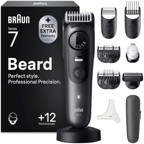 Braun Barttrimmer Series 7, Kabelloser Bartschneider Herren, BT7545, Grau | Bart Rasierer mit 40 Längen, Trimmer mit 120 Min. Akku, Wasserdicht, Inkl. 12 Zubehörteilen Und Ultrasch