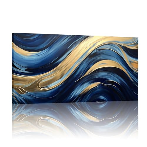 Toile murale abstraite et peinture bleue dorée géante pour grand salon