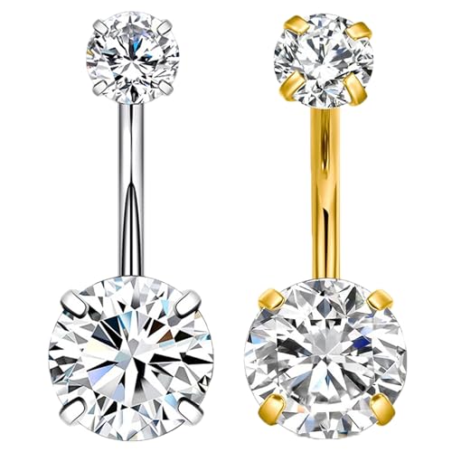 YIFVNGHUI 14G Titanium Belly Button Ring Piercing Jewelry 10mm,2Pcs Gold/Silver Surgical Stainless Steel Reverse Clicker Belly Ring Floating Navel Ring CZ barbell body Piercing Set for Women