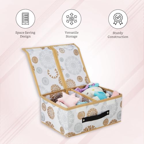 Image of Amazon Brand - Solimo Double Lid Foldable Storage Box | Toys Storage Bin | Wardrobe organizer for Clothes | Front Handle | Stackable Rack | 36 x 25 x 16 cm (Gola Print, White)