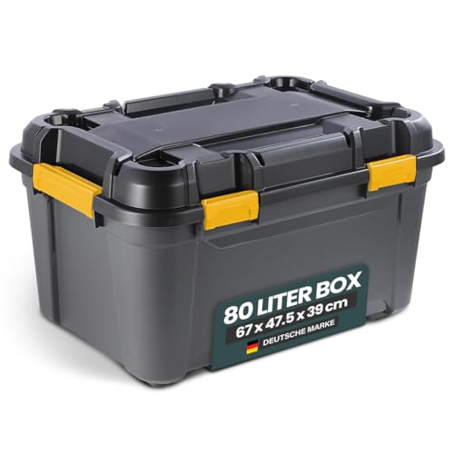 Kreher Lagerbox Bunker Tough Aufbewahrungsbox mit Deckel und Silikondichtung (IP65/IPX7). Aus robustem Kunststoff in verschiedenen Größen. Ideal für feuchte Räume Keller Garage Camping uvm. (80L)