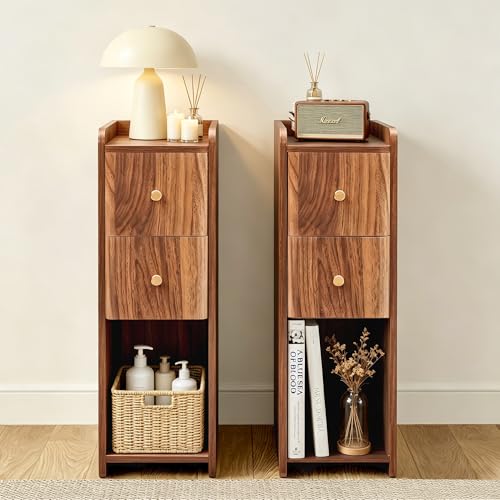Image of Narrow Nightstand Set of 2, Wooden Small 2 Drawer Nightstand, Slim Side End Table, Skinny Bedside Table, Mid Century Modern Night Stand with Drawers for Bedroom (Walnut 2-2 pcs)