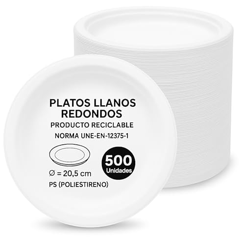 Platos de plástico blancos reutilizables, Plato de plástico llano redondo, apto para alimentos calientes, Platos extra resistentes, Norma UNE-EN-12875-1, Diseño llano diámetro 20.5 cm, 500 unidades