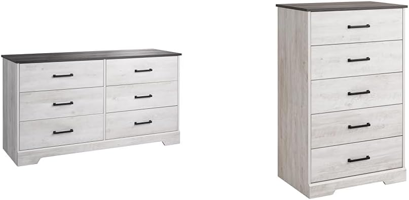 Prepac 6-Drawer Rustic Ridge Farmhouse Chest of Drawers Bundle with 5-Drawer Bedroom Dresser, White