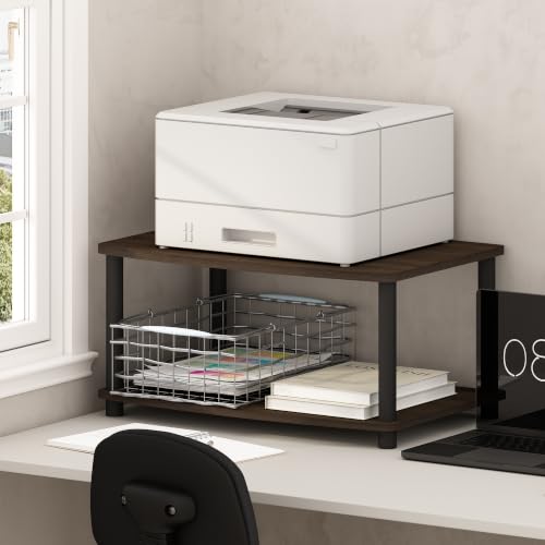 Image of Furinno Turn-N-Tube 2-Tier Printer Table with Storage, Under Desk Printer Stand, Toolless Assembly, for CPU, Work Supplies, Home Office, Dark Brown