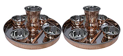 Pack Of 8 Set Stainless Steel Copper Traditional Dinnerware Set Of Thali Plate, Bowls, Glass And Spoon, Diameter 12 Inch #TOP4