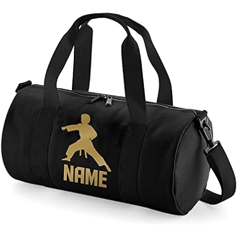 Absolutely Top Personalised Karate Barrel Bag Boys Martial Arts Kick Boxing Sports Gym Gift, Ink Black/Gold Print, One Size Cover