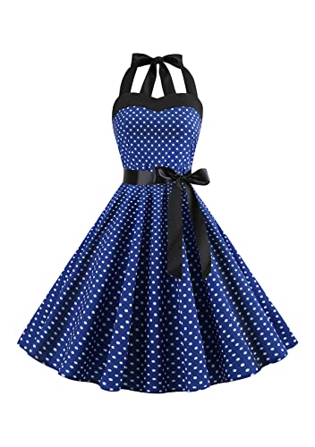 Yming Audrey Hepburn Neckholder Kleid Für Damen Hohe Taille Vintage Kleid Lässiges Rockabilly Kleid Ärmelloses Dunkelblau XS