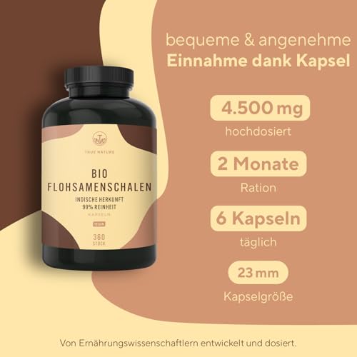 Foto von Bio Flohsamenschalen Kapseln - 360 Kapseln (je 750mg) - 4500mg hochdosierte Tagesdosis - Ballaststoffe Psyllium Husk - Herkunft: Indien - Vegan - Deutsche Produktion - TRUE NATURE