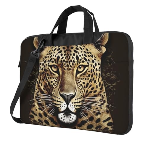 柄入りヒョウ柄ラップトップバッグ 耐衝撃コンピューター キャリーケース ショルダーストラップ付き メッセンジャーショルダーバッグ ブリーフケース 35.6cm