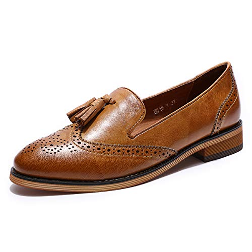 Image of Mona flying Women's Leather Tassel Loafers Slip on Brogue Flat Office Shoes
