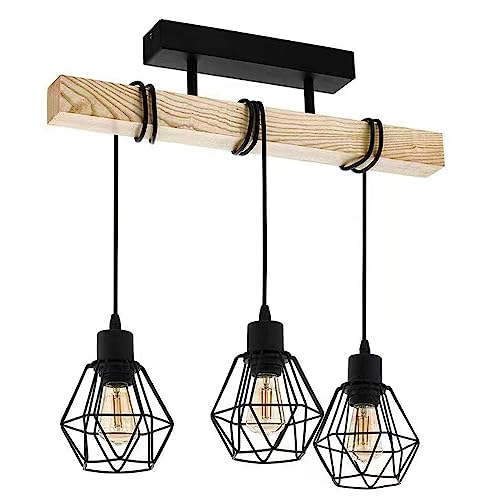 Plafonnier chic en bois véritable et métal noir pour suspension de bar haut de gamme