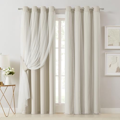 Image of Bujasso Beige 80% Blackout Curtains with Sheer Overlay Mix and Match Double Layer Thermal Insulated Window Panels 84 inch for Living Room Bedroom Beige Drapes with Tiebacks Grommet Top 54 inch Wx84 Lx2