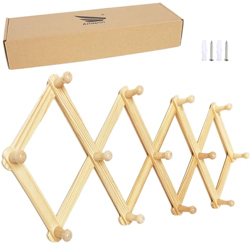 Image of AMAPON Accordion Style Expandable Wall Wooden Coat Rack 13 Hooks (Pegs) Hang Hats Jackets Coffee Mug Purses Necklaces Towels Cap Leash Scarves Data Line Kitchenware
