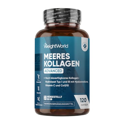 Marine Collagen Advanced - 1200mg Hydrolysierte Fisch Collagen Peptide Typ 1 & 3 - Mit Hyaluron, Vitamin C & mehr - 120 Kollagen Hyaluron Kapseln - Laborgeprüft Fischöl Kollagen Komplex - WeightWorld