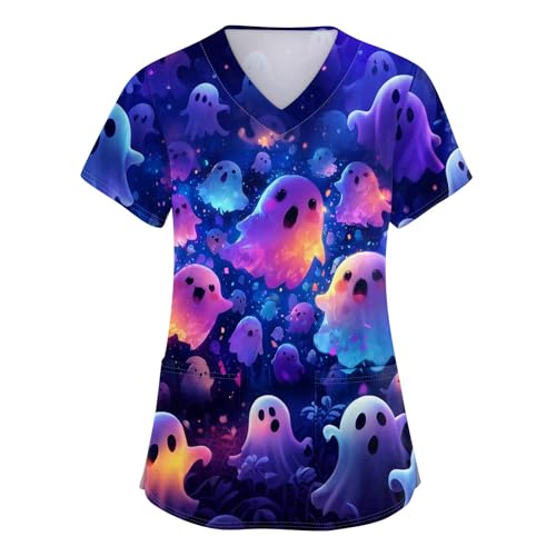 OIOLOYJM Halloween Christmas Scrub Tops Women Printed V Neck Short Sleeve Plus Size Scrubs for Womens Shirts with Pockets