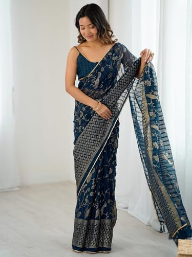 Image of Satrani Women's Georgette Foil Printed Gota Lace Self- Woven Saree with Unstitched Blouse Piece