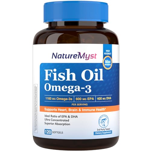 NatureMyst Omega-3 Fish Oil 2000mg, 120 Softgels, 1160 mg Omega 3 Fatty Acids, 600 mg EPA, 400 mg DHA, Heart, Brain, and Immune Health