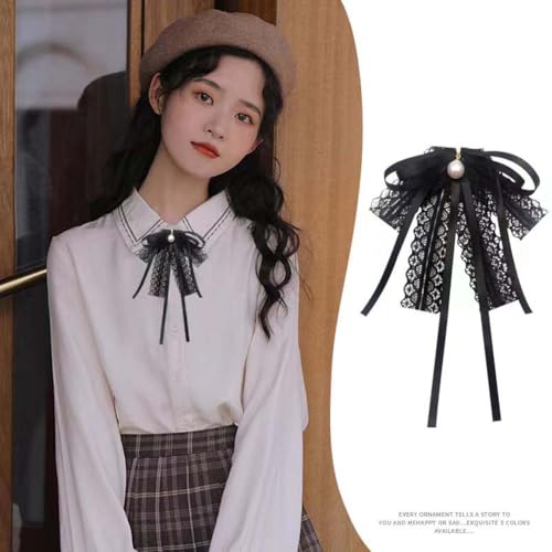 Image of Lace Ribbon Bow Tie Brooch Rhinestone Pearl Necktie for Girl Women Fashion jabot collar brooch pins Pre-Tied Corsage