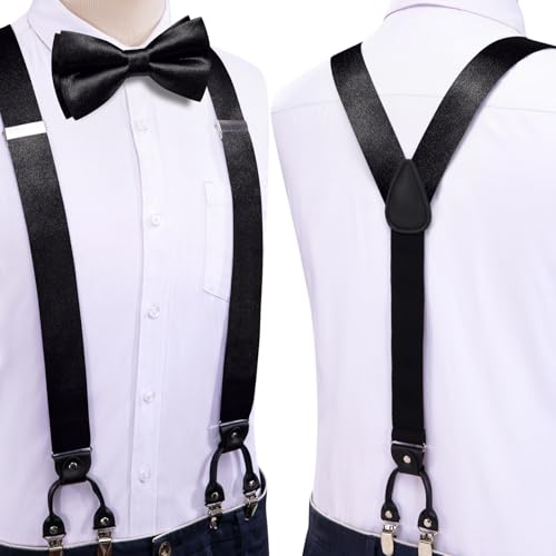 Image of Dubulle Suspender and Bow Tie for Men Paisley Solid Mens Suit Braces Pretied Bowtie and Handkerchief Cufflinks Formal Wedding