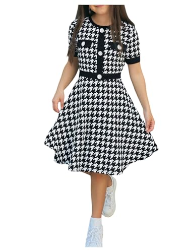 Floerns Girl's A Line Houndstooth Dress Button Short Sleeve Crew Neck Short Dresses