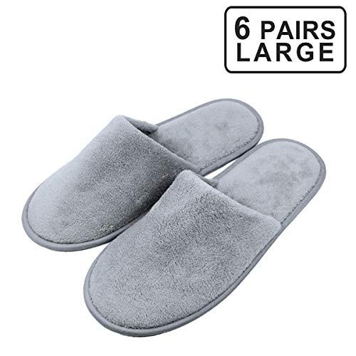 Spa Slippers,(Large Size,6 Pairs) Gray Closed Toe Disposable Indoor Hotel Slippers for Men and Women, Fluffy Coral Fleece, Deluxe Padded Sole for Extra Comfort- Perfect for Guests, Travel WeddinGrag