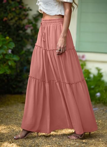 Image of Lepunuo Womens Casual Boho High Waisted Flowy Maxi Skirts Tiered Floral Long Skirts with Pockets for Summer Beach Vacation