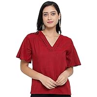 Indietoga Women's Plus Size Maroon Cotton Linen Tunic Tops (7XL)
