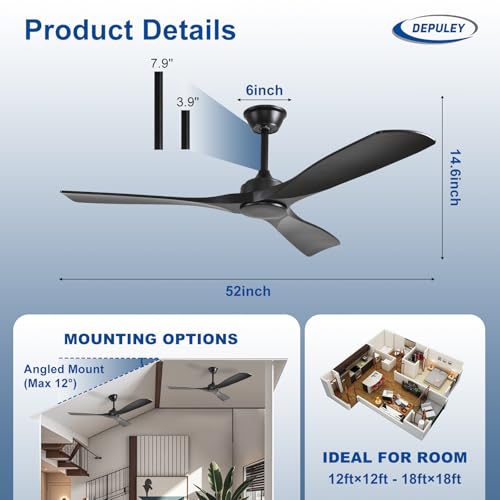 Image of Depuley Ceiling Fan Without Light: 52 Inch 3 Blade Outdoor Fans for Patios - Black Ceiling Fan No Light Indoor Remote Control Ultra Quiet DC Motor Reversible 6 Speed Timer