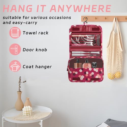 Image of Toiletry Bag Travel Bag with Hanging Hook,Wine Red FLower | Waterproof Small Capacity Hanging Makeup Bag for Toiletries, Portable Cosmetic Bag Travel Organizer for Women Men